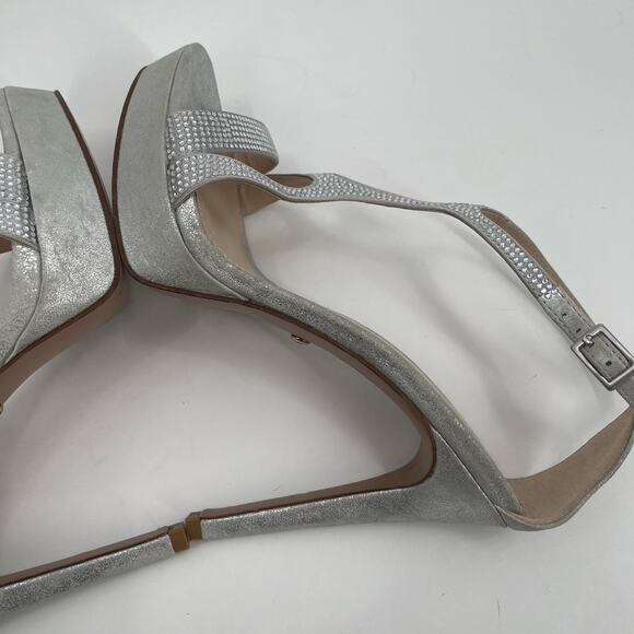 PELLE MODA Heels Size 8 Onora Platform Silver Rhinestone Crystals Strappy Ankle - Picture 7 of 15